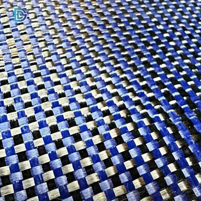 China Factory Blue3K 1500d 200GSM tessuto ibrido in carbonio jacquard kevlar twill di carbonio colorato in aramide, da utilizzare per una tavola da surf